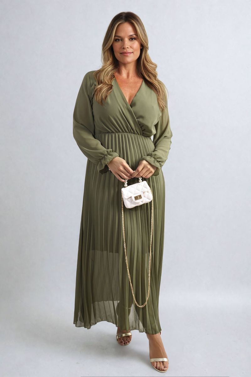 Long Sleeve V-Neck Pleated Maxi Dress