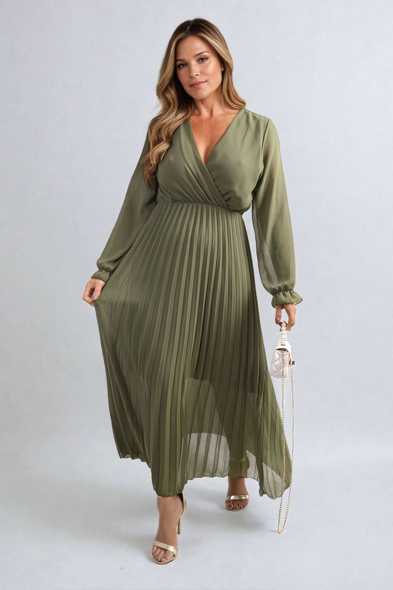 Long Sleeve V-Neck Pleated Maxi Dress