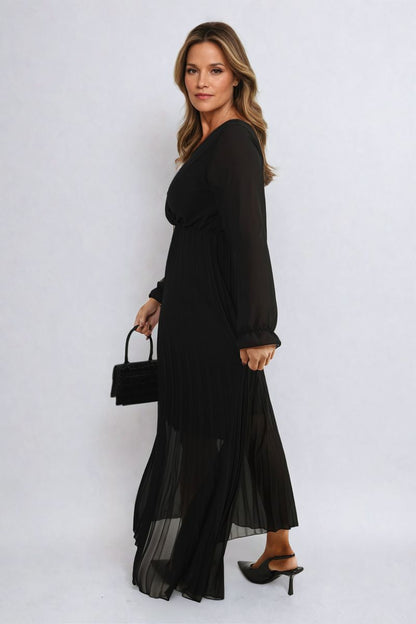 Long Sleeve V-Neck Pleated Maxi Dress