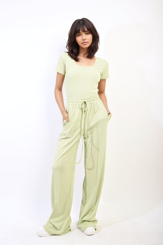 Short Sleeve BodySuit and High Waist Drawstring Trouser Co-ord Set