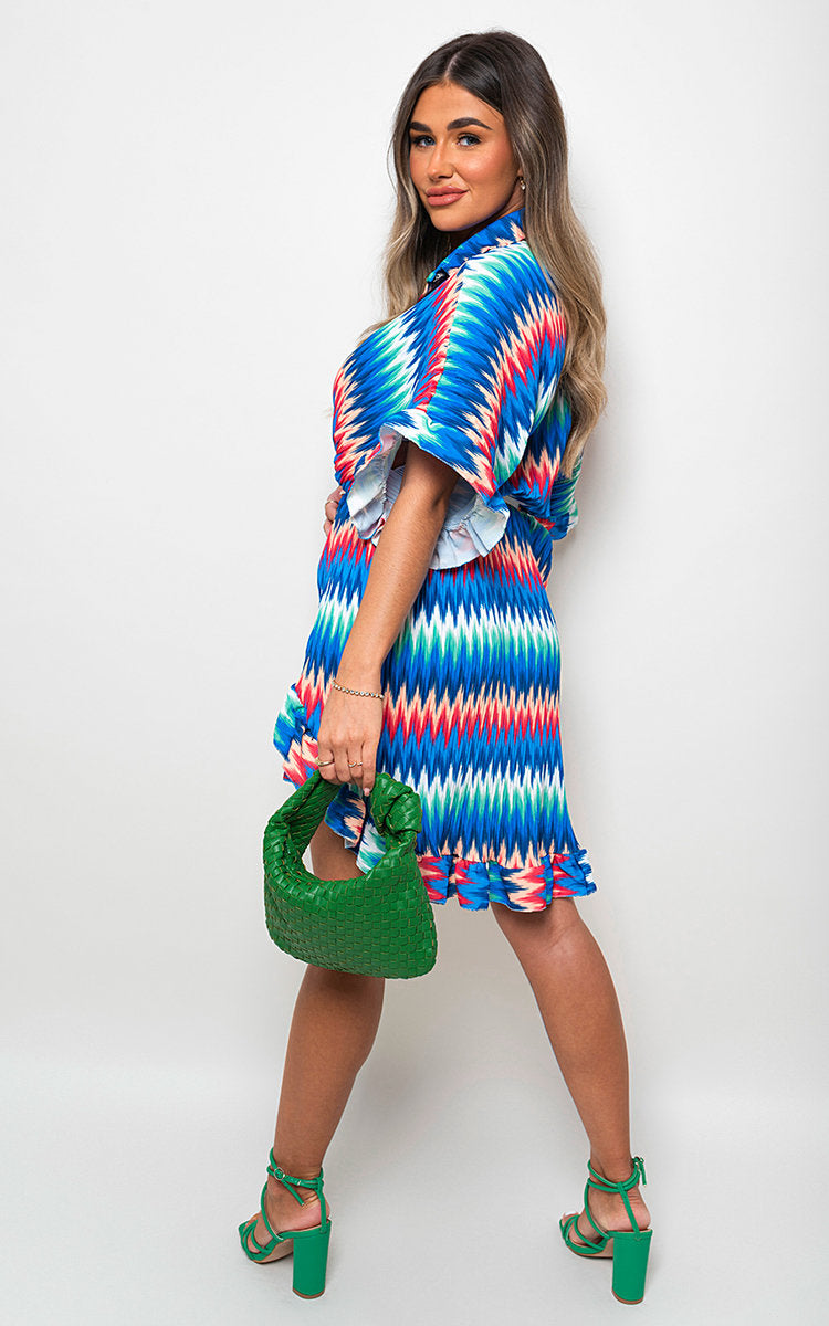 Zigzag Print Pleated Button Up Shirt Dress