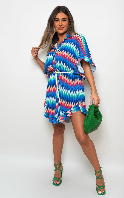 Zigzag Print Pleated Button Up Shirt Dress