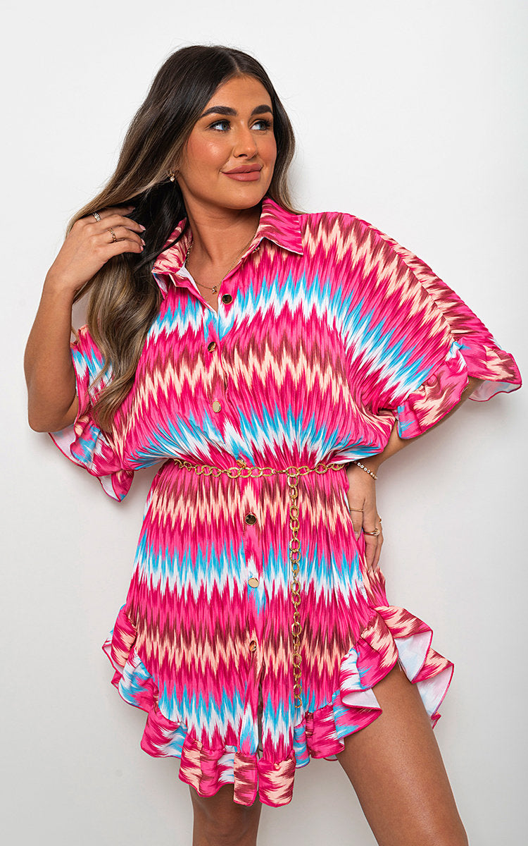 Zigzag Print Pleated Button Up Shirt Dress