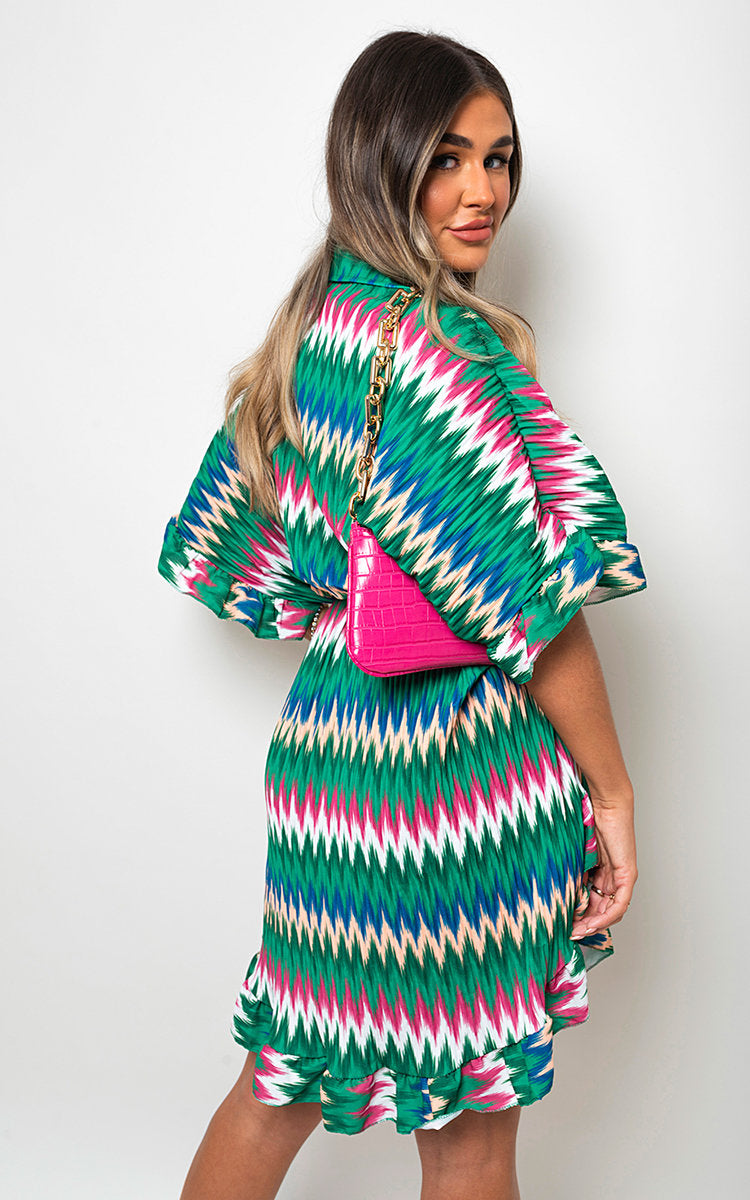 Zigzag Print Pleated Button Up Shirt Dress