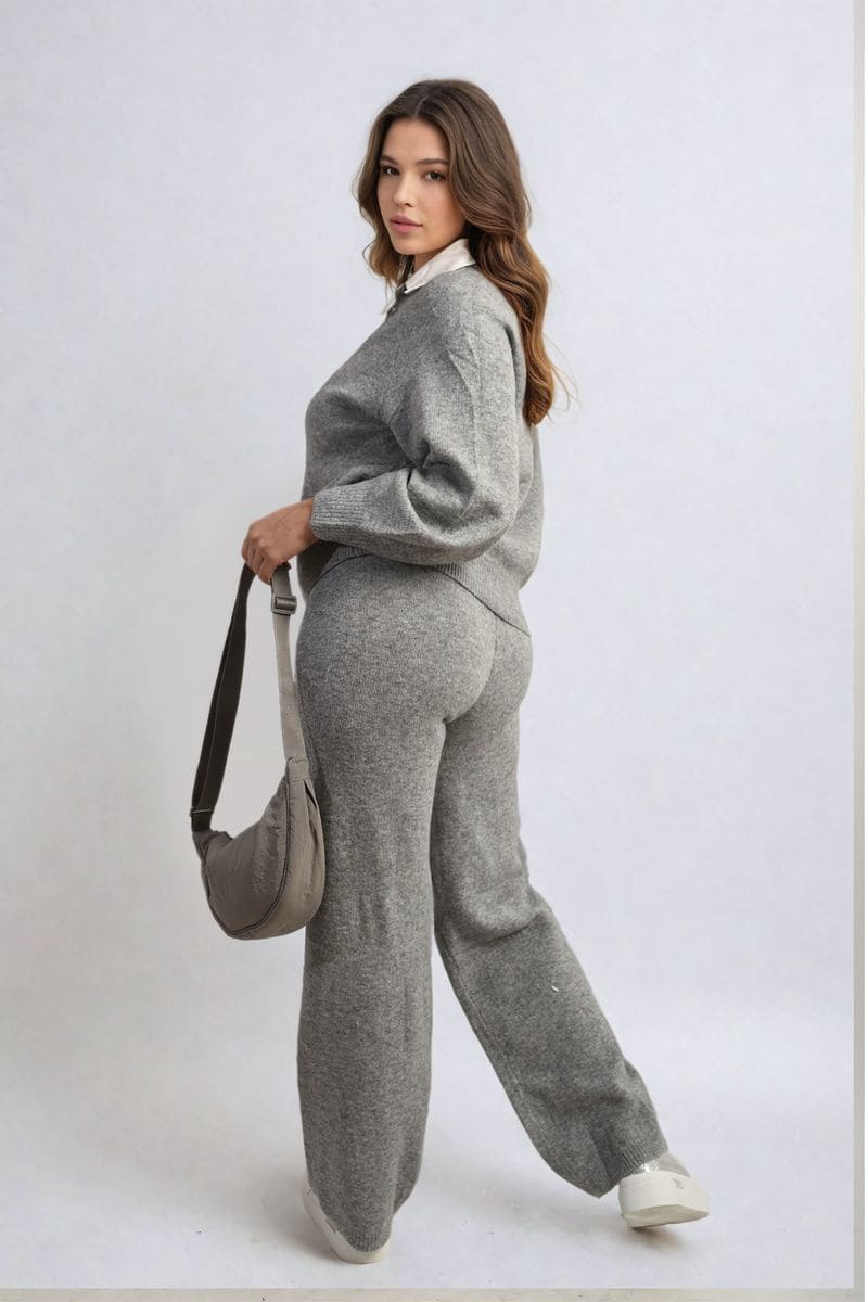 Long Sleeve Knitted Collar Top and Wide Leg Pants Co-ord Set