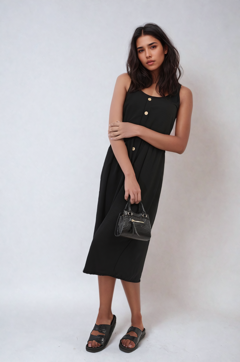 Button Front Strappy Midi Dress