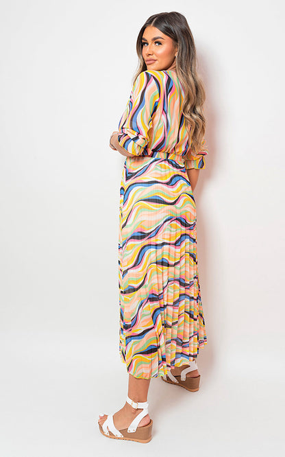 Long Sleeve Printed Maxi Dress with Belt Detail