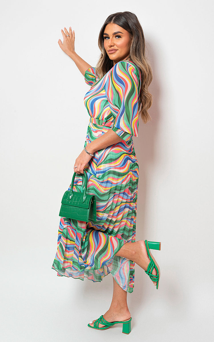 Long Sleeve Printed Maxi Dress with Belt Detail