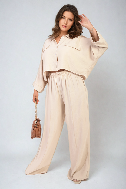 Oversized Long Sleeve Crop Top and Wide Leg Trouser Co-ord Set