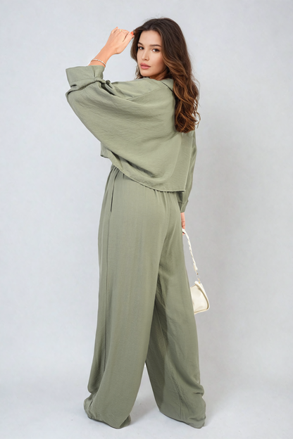 Oversized Long Sleeve Crop Top and Wide Leg Trouser Co-ord Set