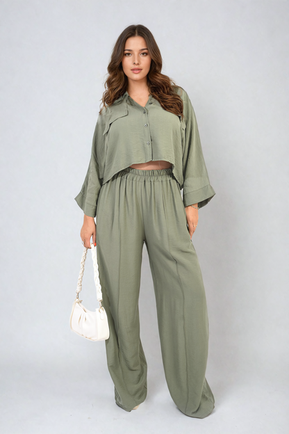 Oversized Long Sleeve Crop Top and Wide Leg Trouser Co-ord Set