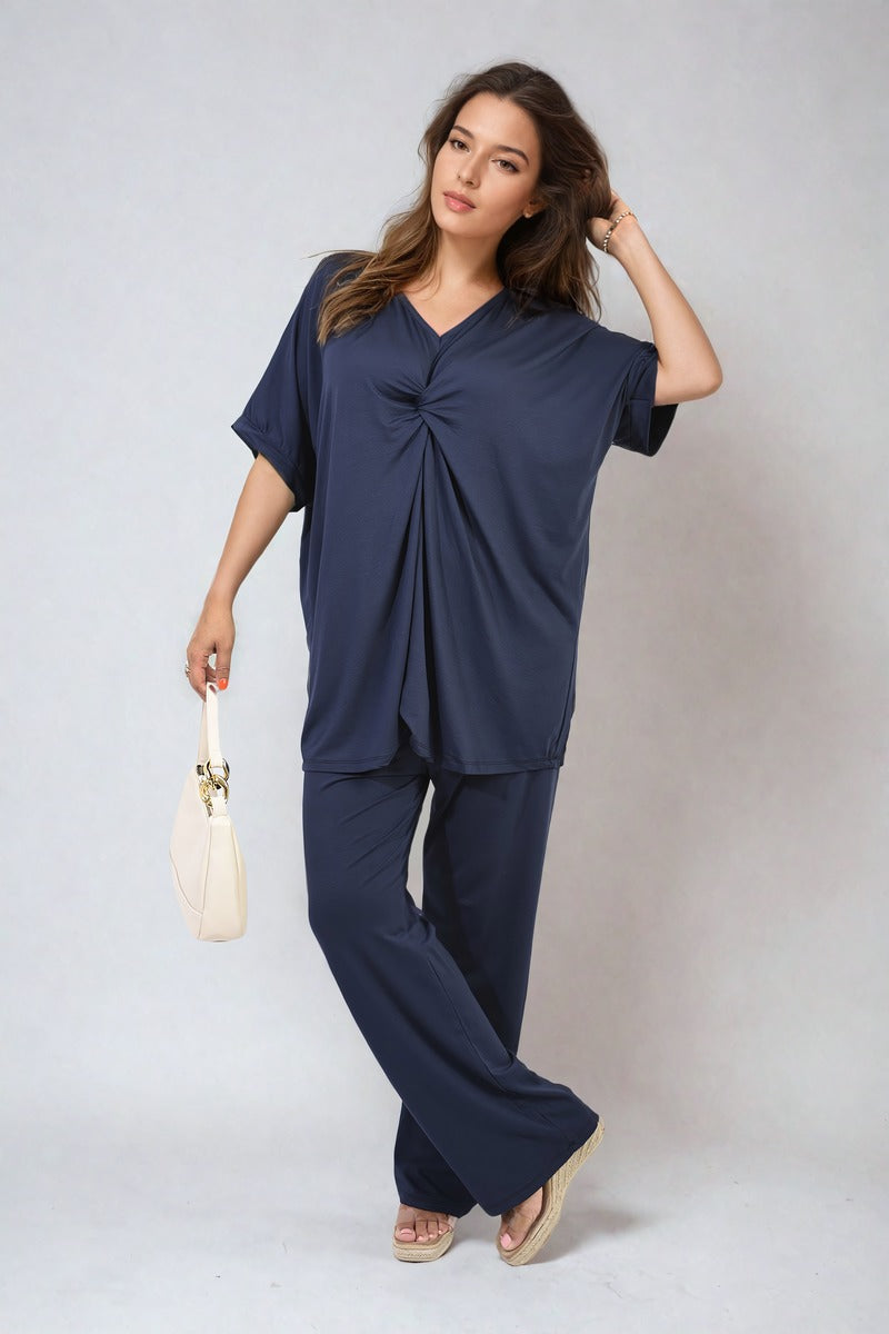 Twist Front Plunge Neckline Top and Trouser Co-ord Set