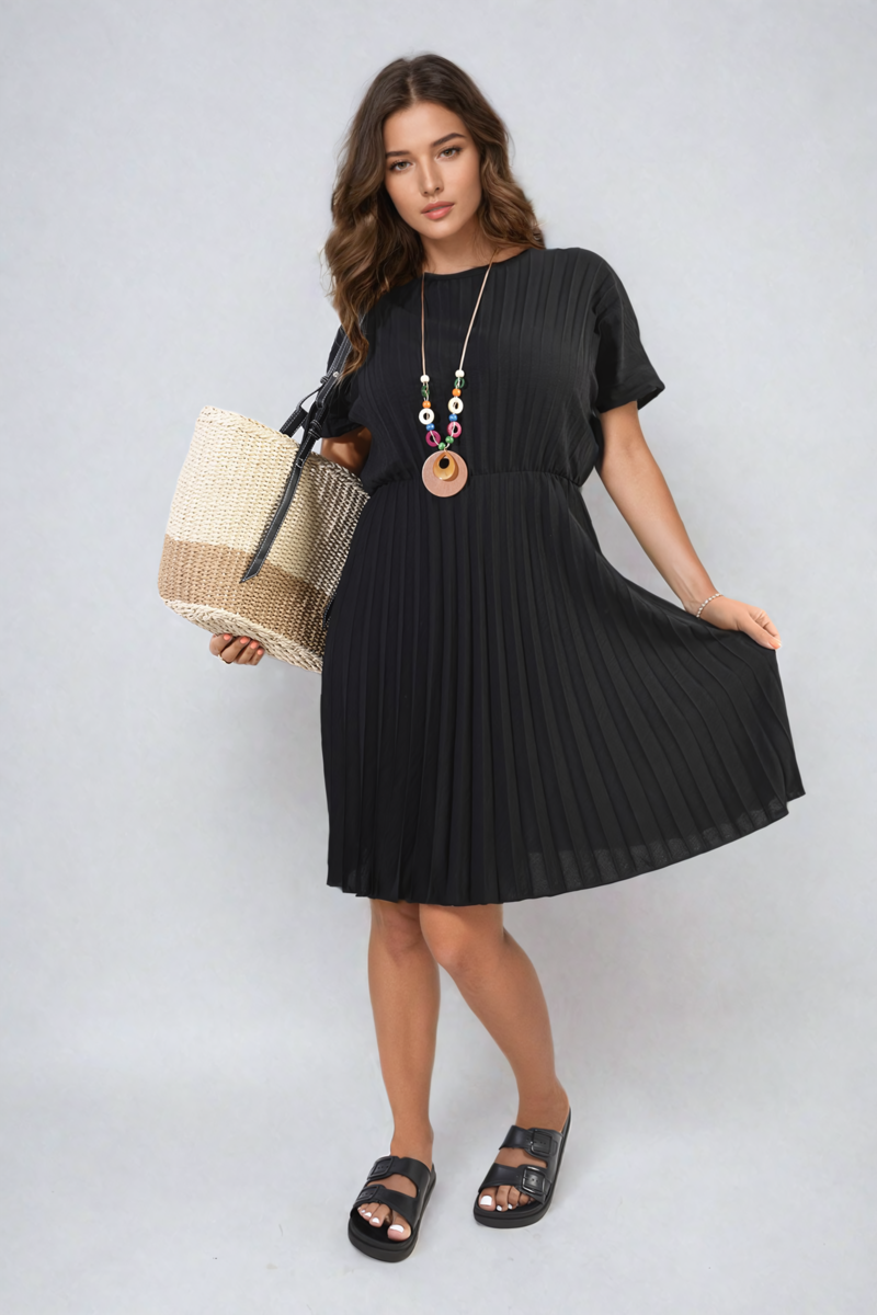 Short Sleeve Pleated Midi Dress