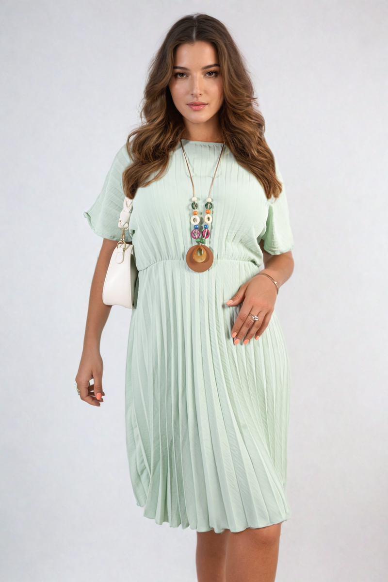 Short Sleeve Pleated Midi Dress