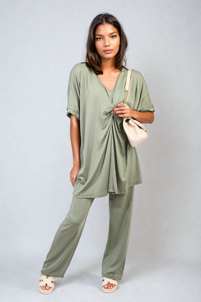 Twist Front Plunge Neckline Top and Trouser Co-ord Set