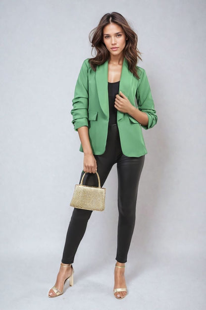 Ruched Sleeve Open Front Blazer Jacket with Front Pockets