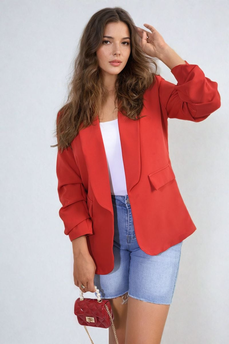 Ruched Sleeve Open Front Blazer Jacket with Front Pockets