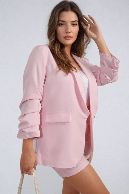 Ruched Sleeve Open Front Blazer Jacket with Front Pockets