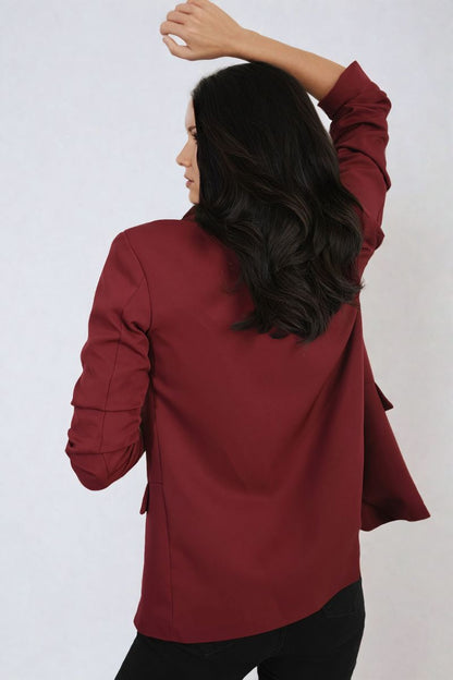 Ruched Sleeve Open Front Blazer Jacket with Front Pockets