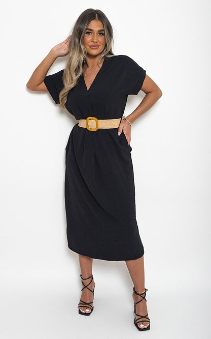 Rolled Short Sleeve V Neck Midi Dress with Belt Detail