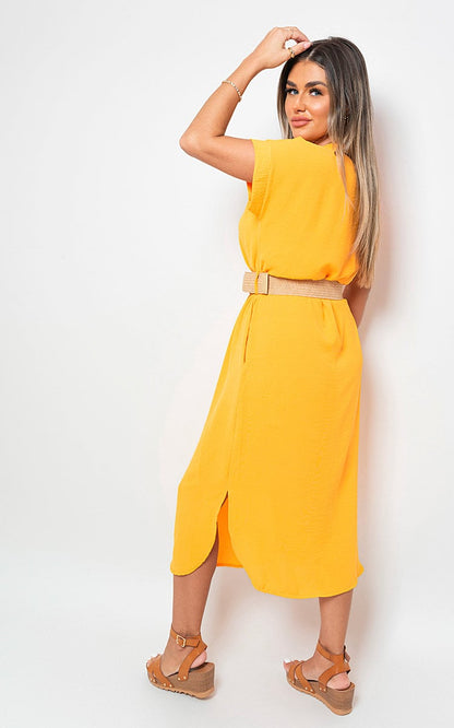 Rolled Short Sleeve V Neck Midi Dress with Belt Detail