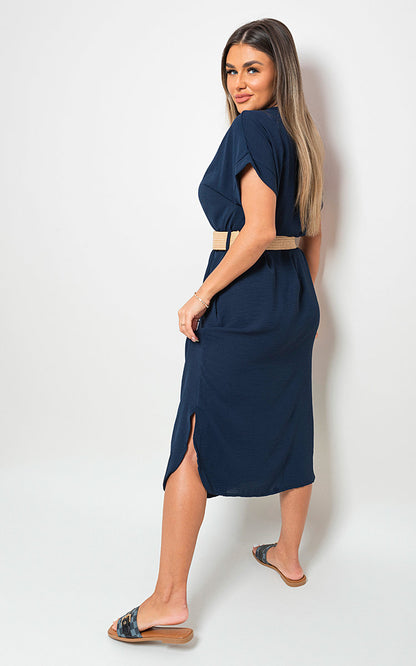 Rolled Short Sleeve V Neck Midi Dress with Belt Detail